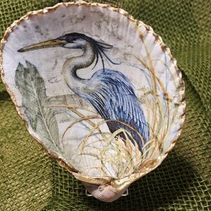 One Of A Kind Handmade Embellished Seashell with Heron Design